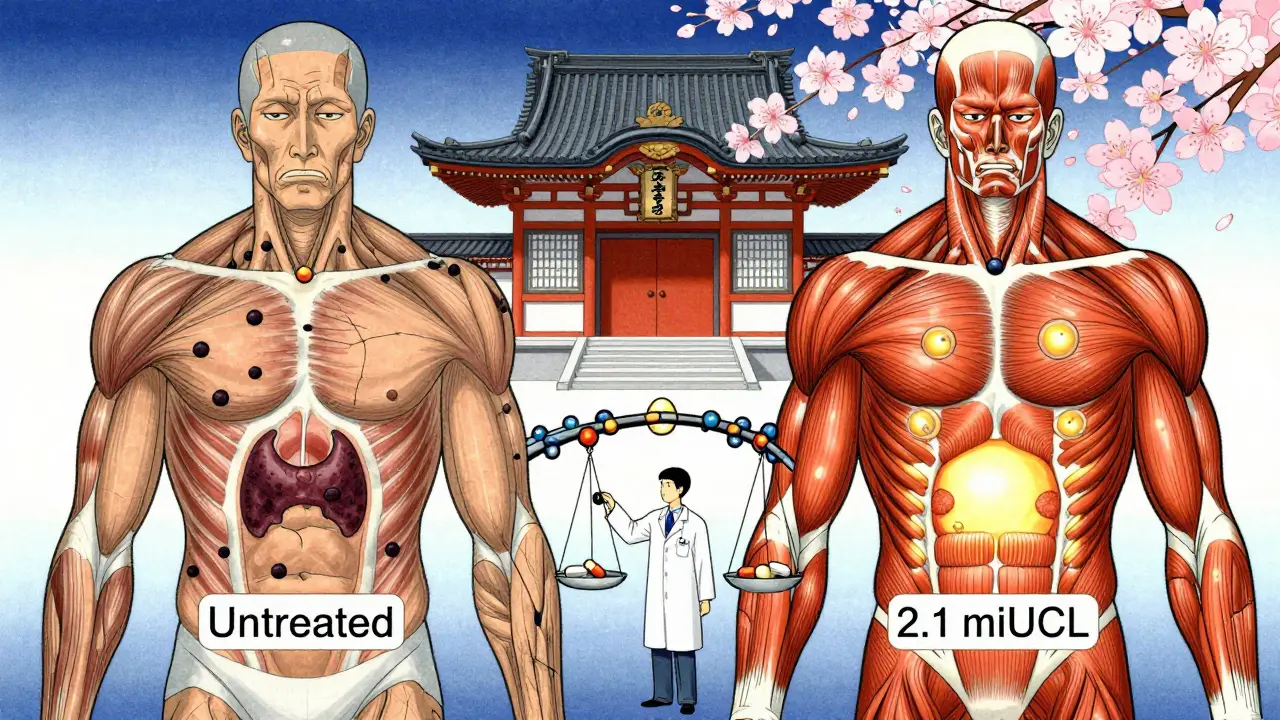 Split-body illustration: damaged left side vs. healthy right side, connected by CoQ10 bridge, thyroid balanced on scale.