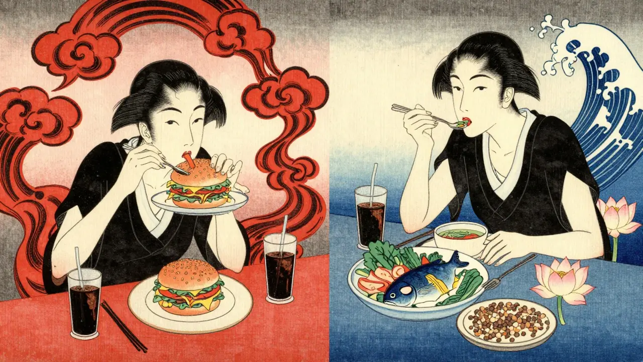 Split scene: one side shows dark clouds from unhealthy eating, the other shows calm blue waves from a Mediterranean diet.