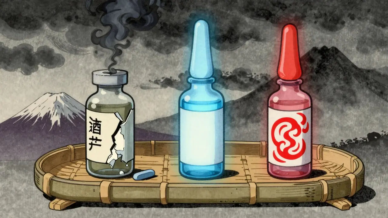 Three medicine vials in a bamboo tray, each representing different risk levels with symbolic colors and smoke or light effects.