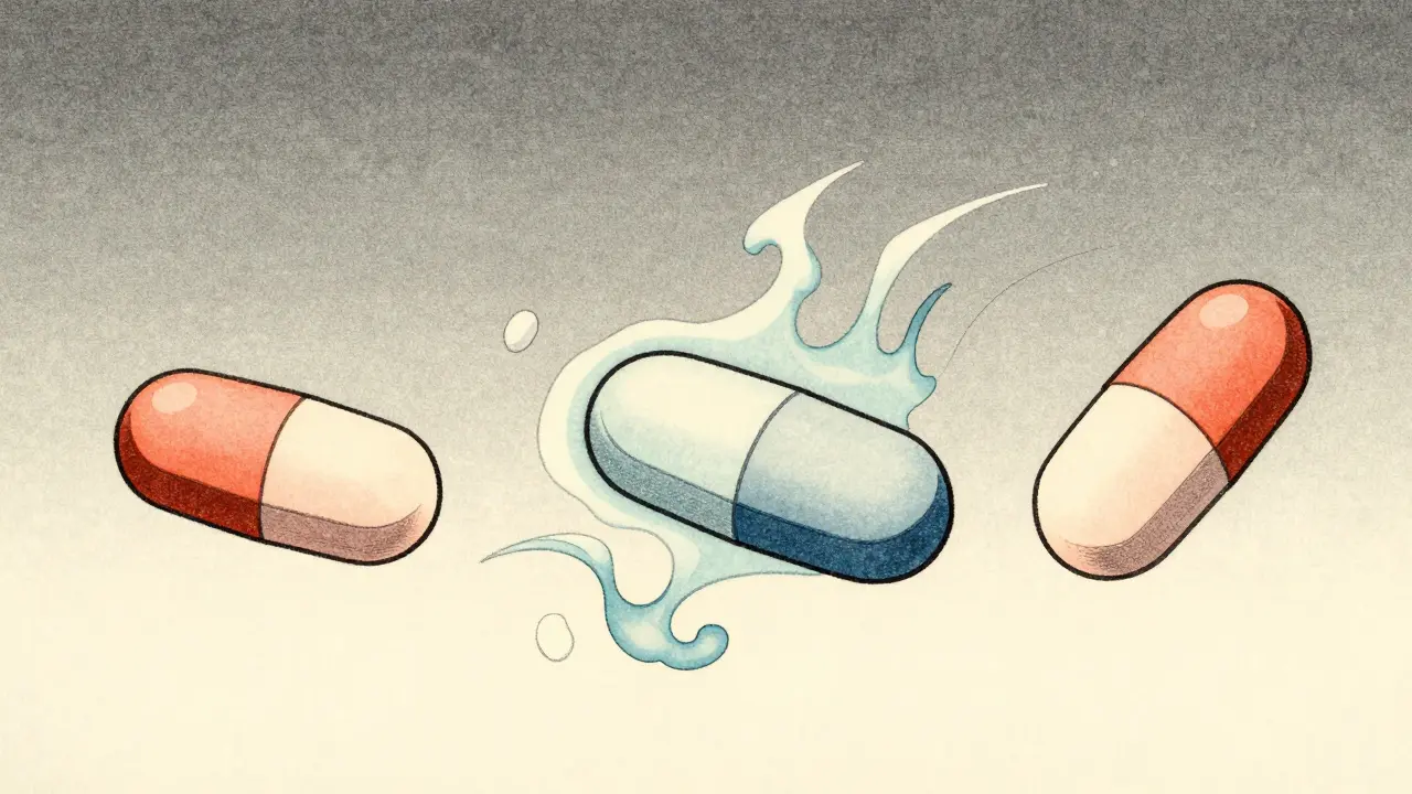 Two separate medication pills merging into one single combined tablet.