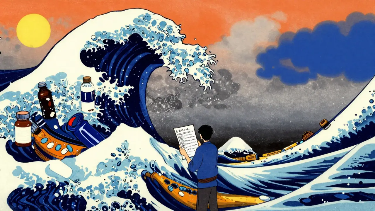A person standing before a massive wave made of medicine and supplement bottles in Ukiyo-e style.