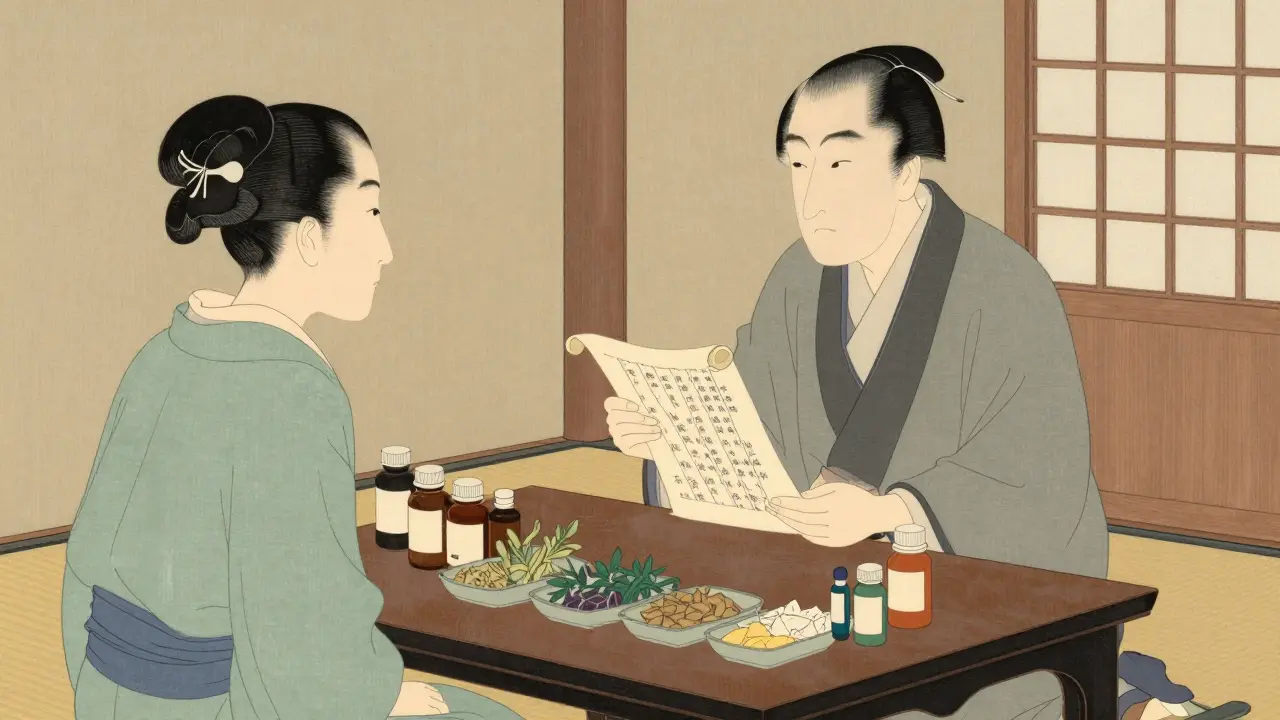A pharmacist and patient reviewing a medication list in a traditional Japanese art style.