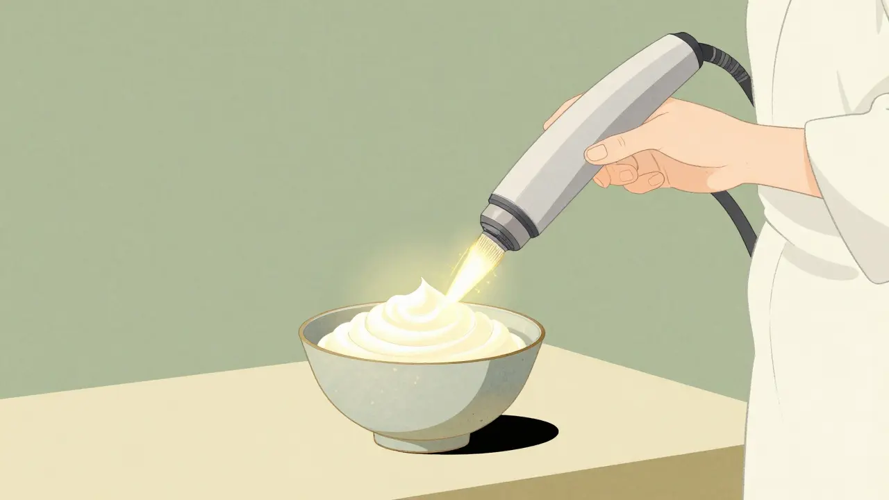 Artistic arrangement of a skincare cream and a laser light beam for skin treatment.