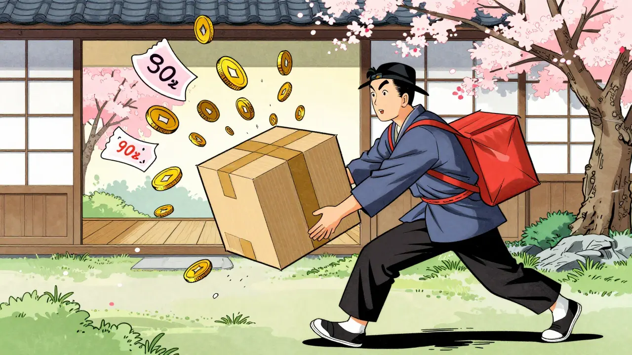 Delivery of medication with symbols of savings in Ukiyo-e style.