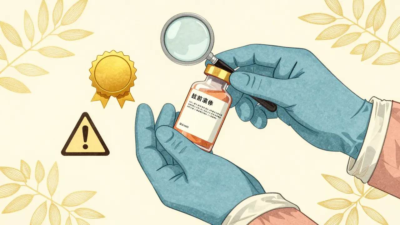 Illustration of gloved hands holding a medicine bottle with safety symbols in Ukiyo-e style.