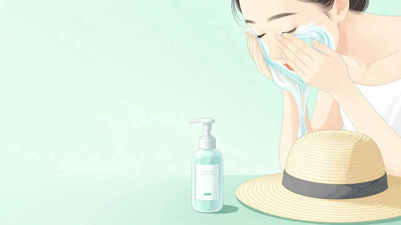 Japanese style illustration of a person using a gentle cleanser and a lightweight moisturizer.