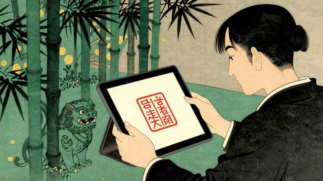 Person using a digital screen to verify a pharmacy in a stylized Japanese art style