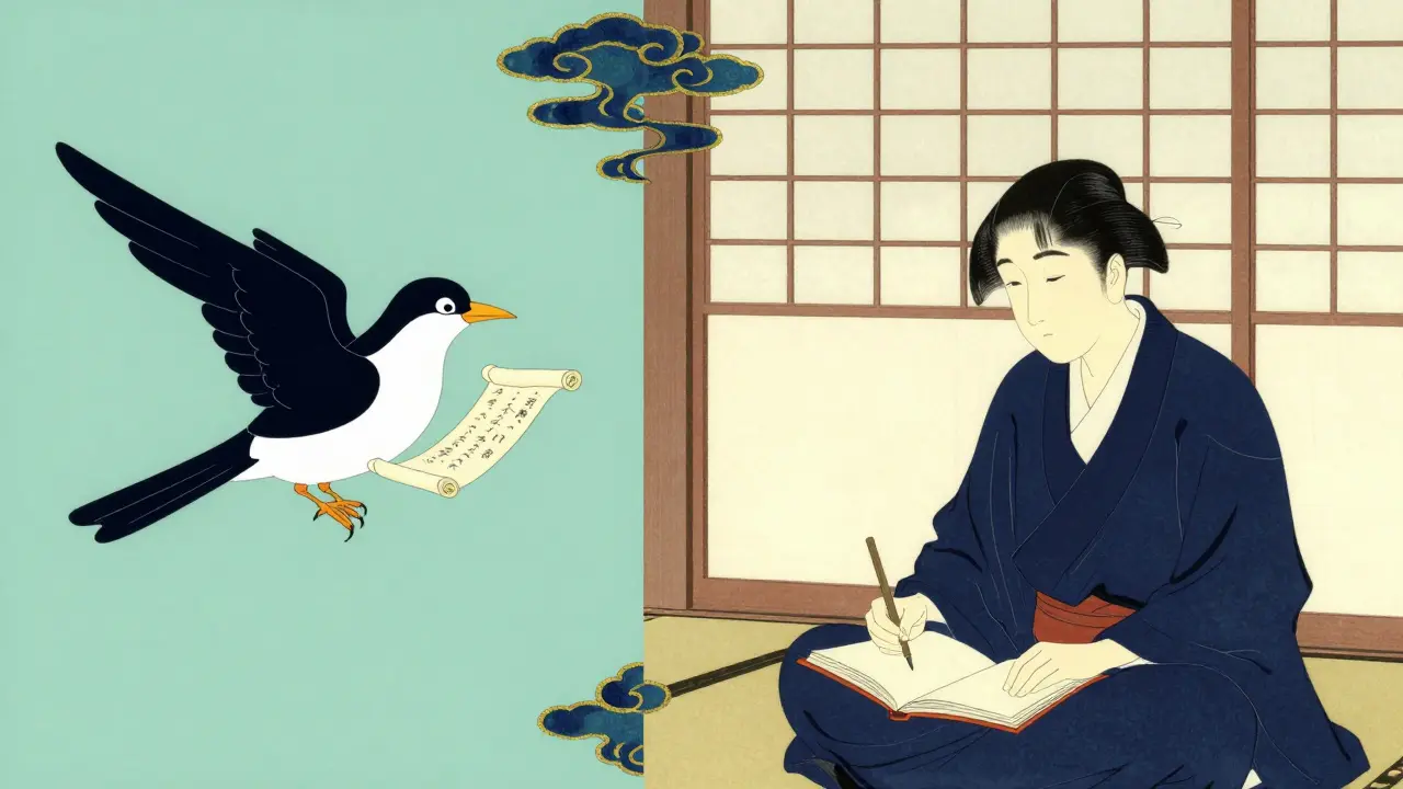 Split scene showing a messenger bird for active monitoring and a person journaling for passive monitoring.