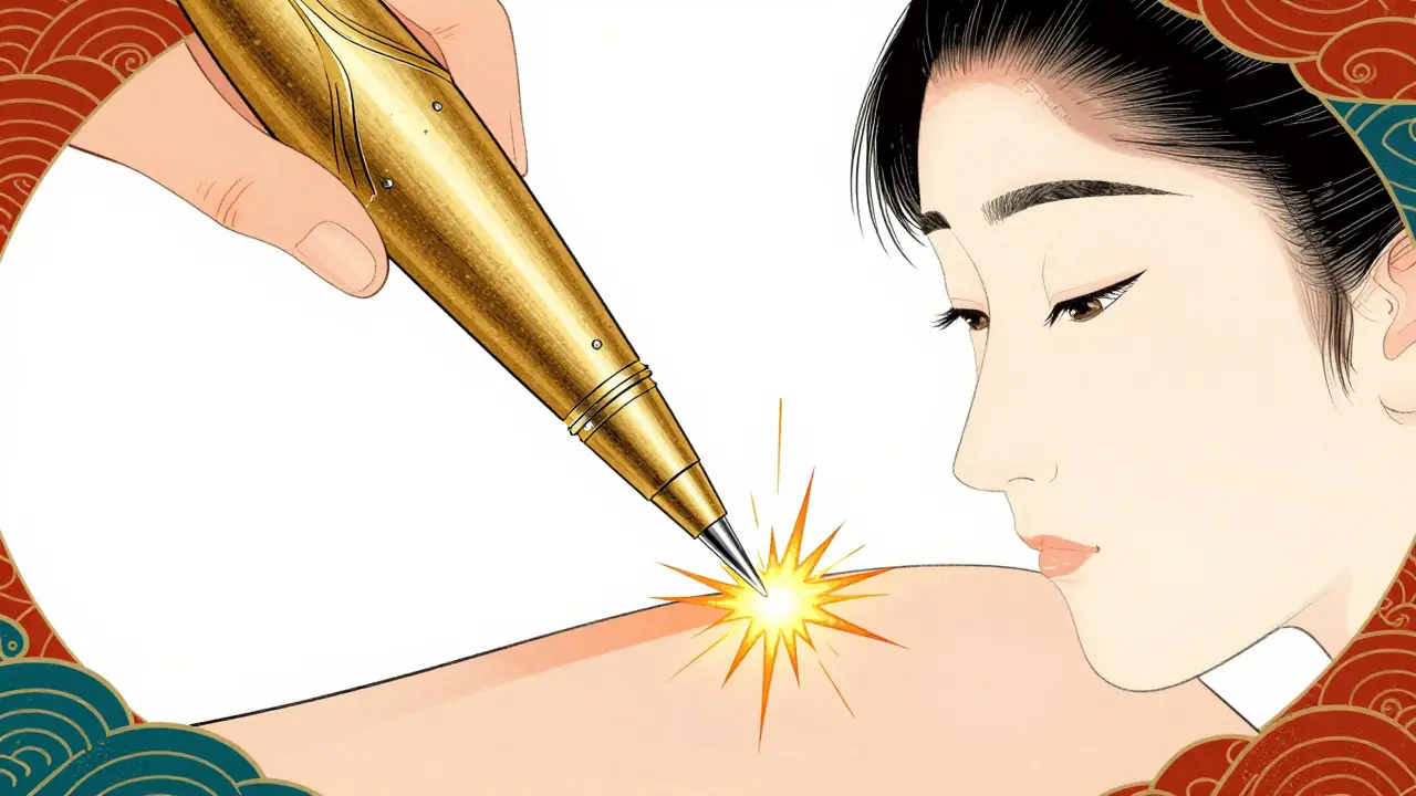 Stylized illustration of a microneedling device stimulating skin with golden energy.