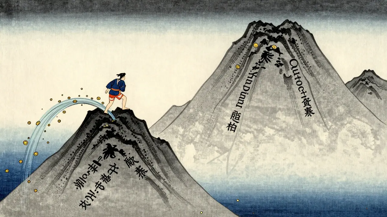 Stylized illustration of a person facing two financial mountains representing deductible and out-of-pocket maximum.