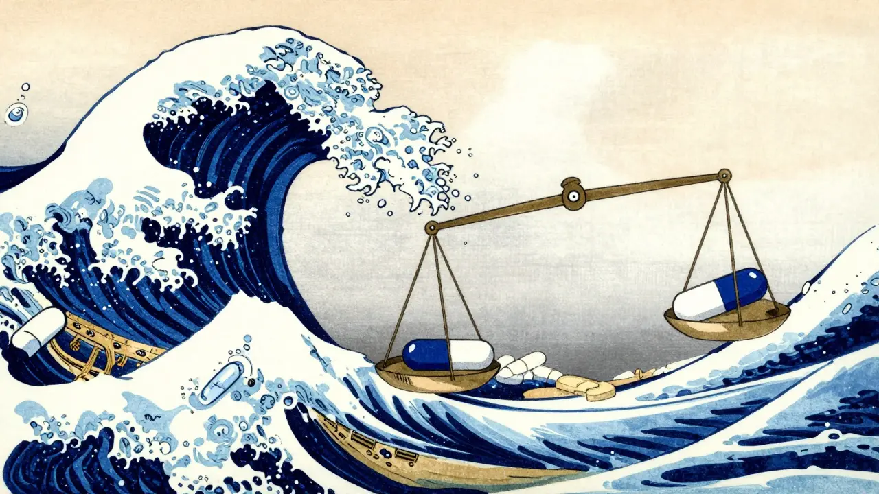 Stylized woodblock print showing a balancing scale with brand and generic pills and blue waves.