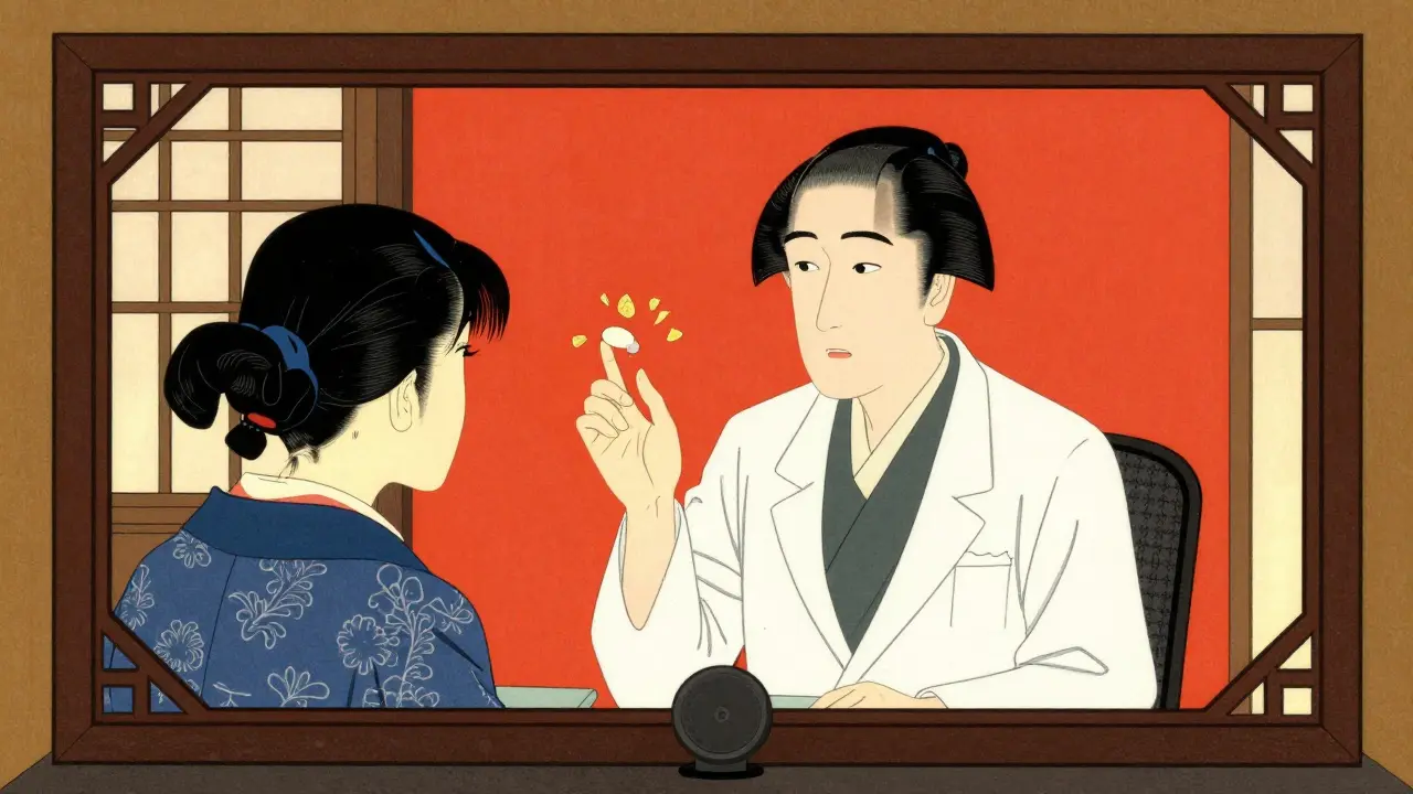Telemedicine consultation between a patient and doctor in Ukiyo-e style.
