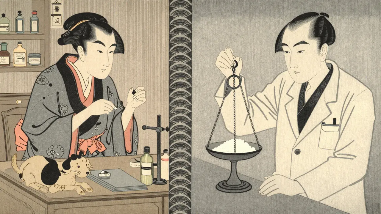 Ukiyo-e art showing a veterinarian preparing medicine and a scientist weighing chemical powder.