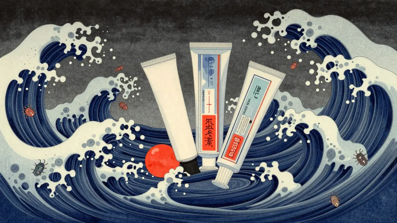 Ukiyo-e art showing toothpaste and creams surrounded by turbulent indigo waves and tiny mites.