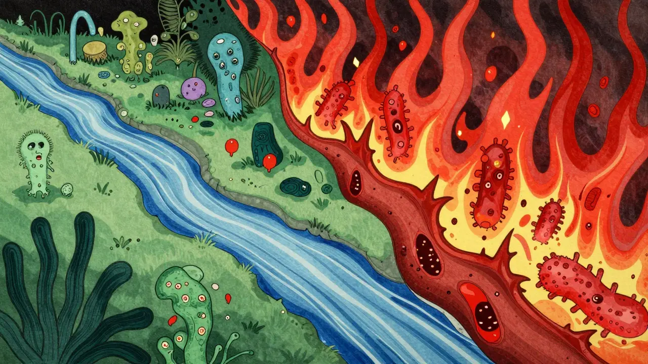 Ukiyo-e comparison of a balanced gut garden versus an inflamed, imbalanced gut environment.