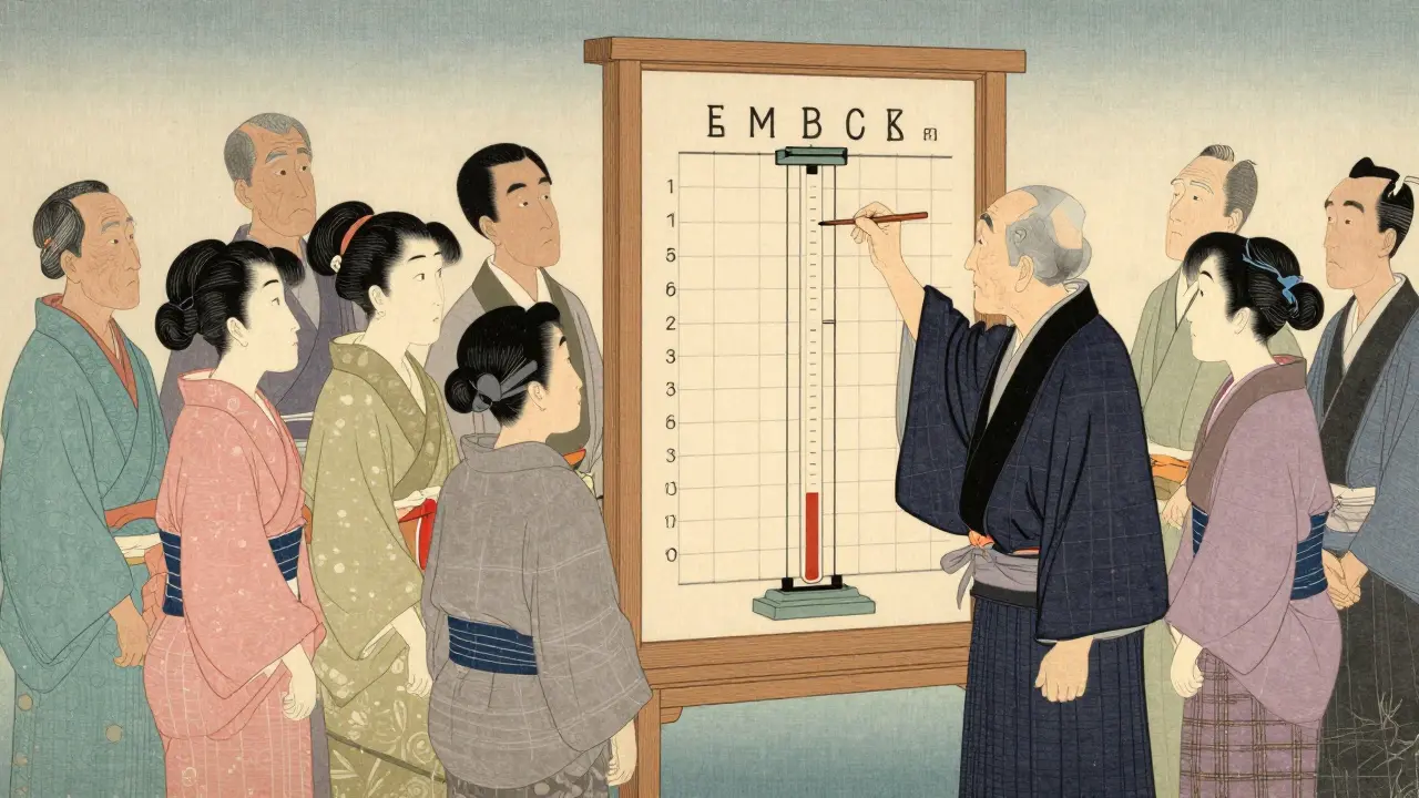 Ukiyo-e illustration of a pharmacist helping diverse patients with personalized medication titration.