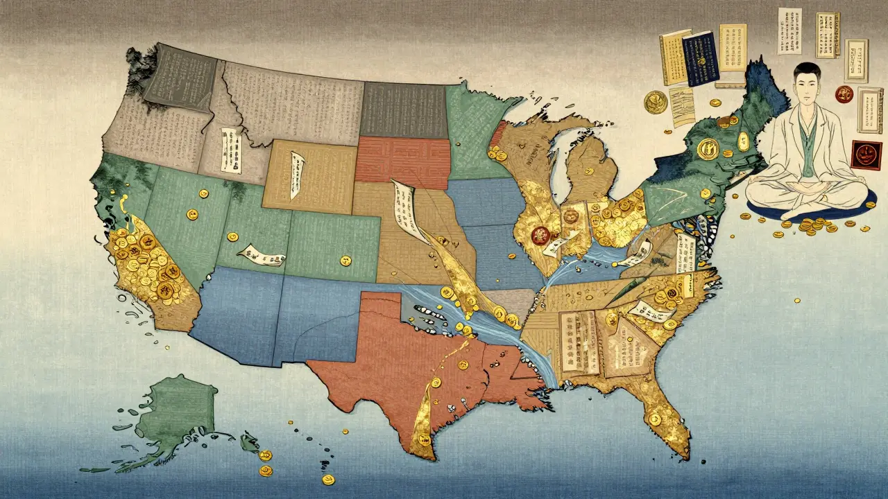 Ukiyo-e map of the US with gold coins and law scrolls symbolizing medical cost savings.