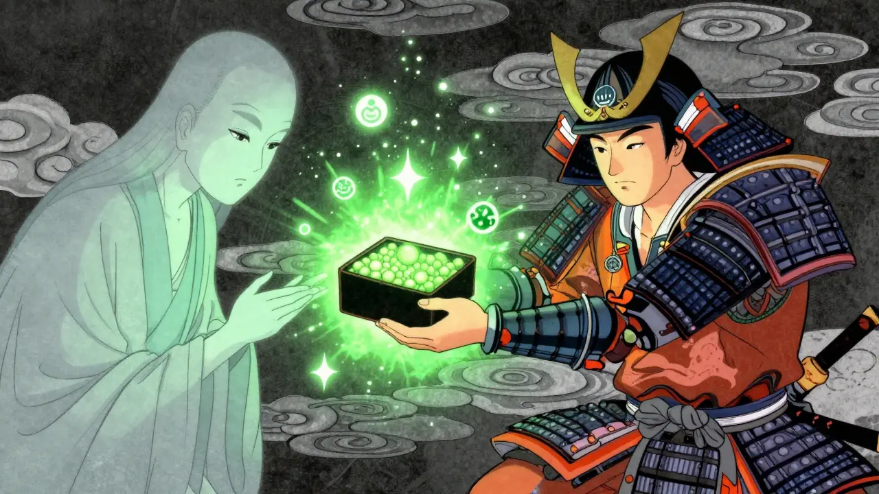 Ukiyo-e samurai bacterium receiving a prebiotic bento box to improve metabolic health.