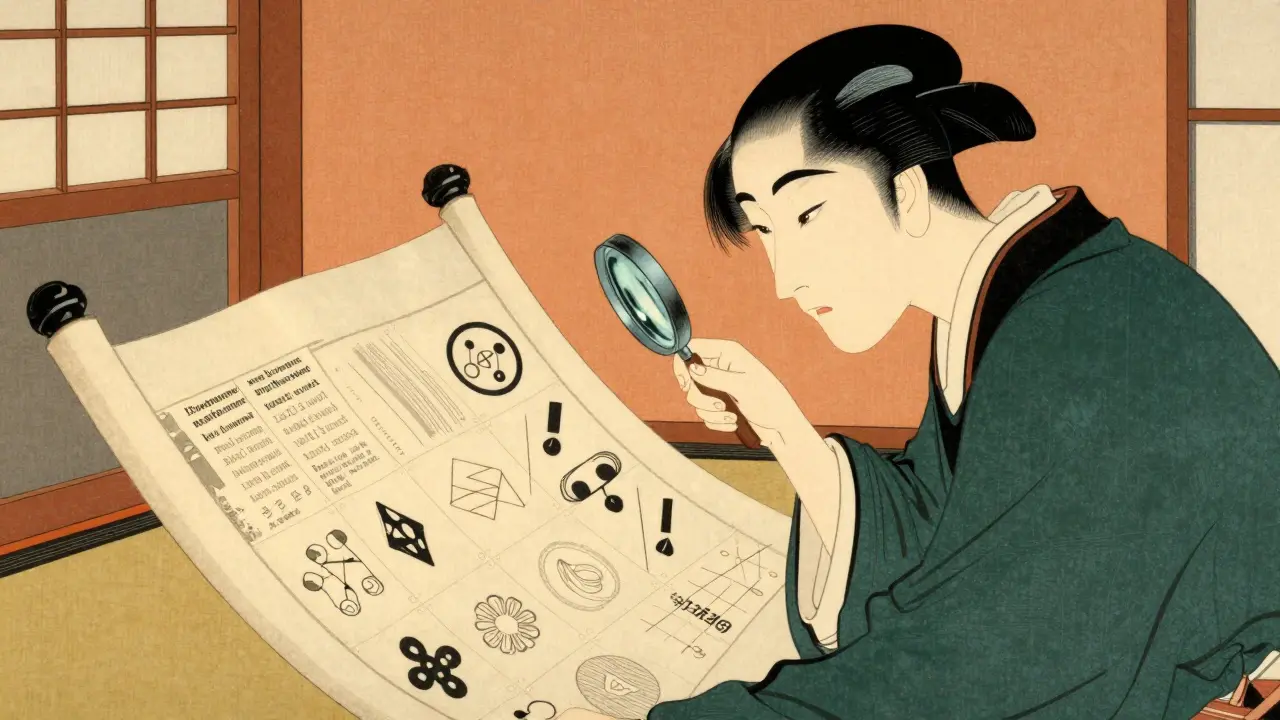 Ukiyo-e style character using a magnifying glass to study a large insurance benefit scroll.
