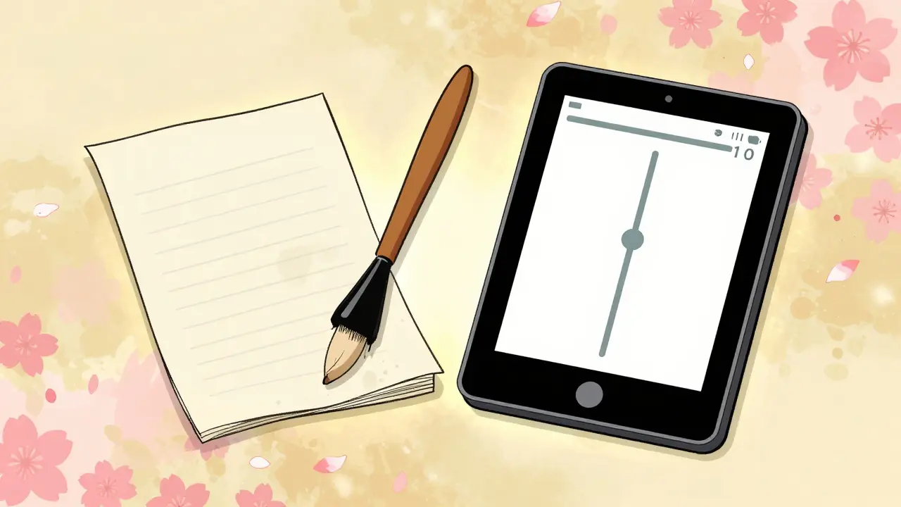 Ukiyo-e style depiction of a paper log and a digital tablet for symptom tracking.