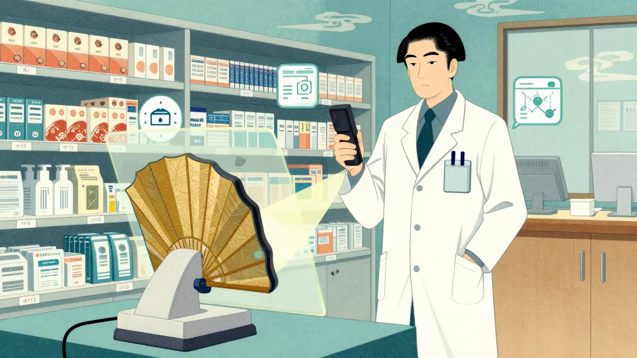 A pharmacist using a barcode scanner with organized shelves in the background.