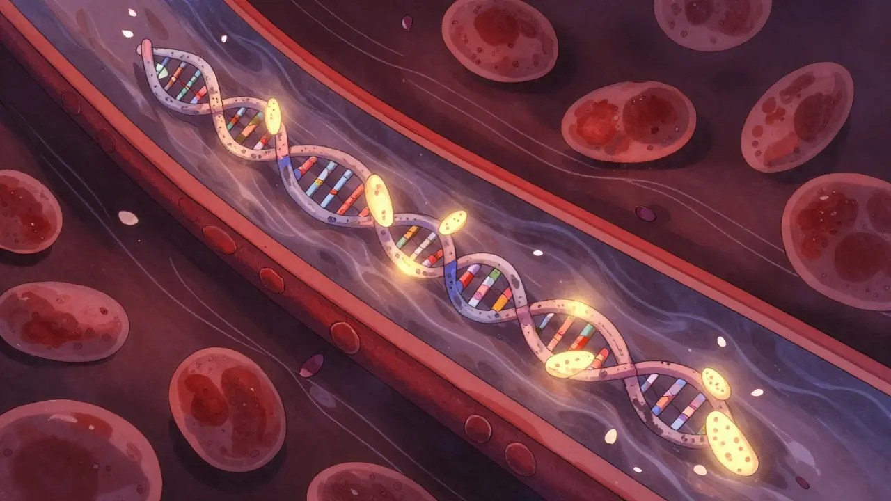 Artistic depiction of ctDNA fragments floating in a bloodstream, styled like ukiyo-e.