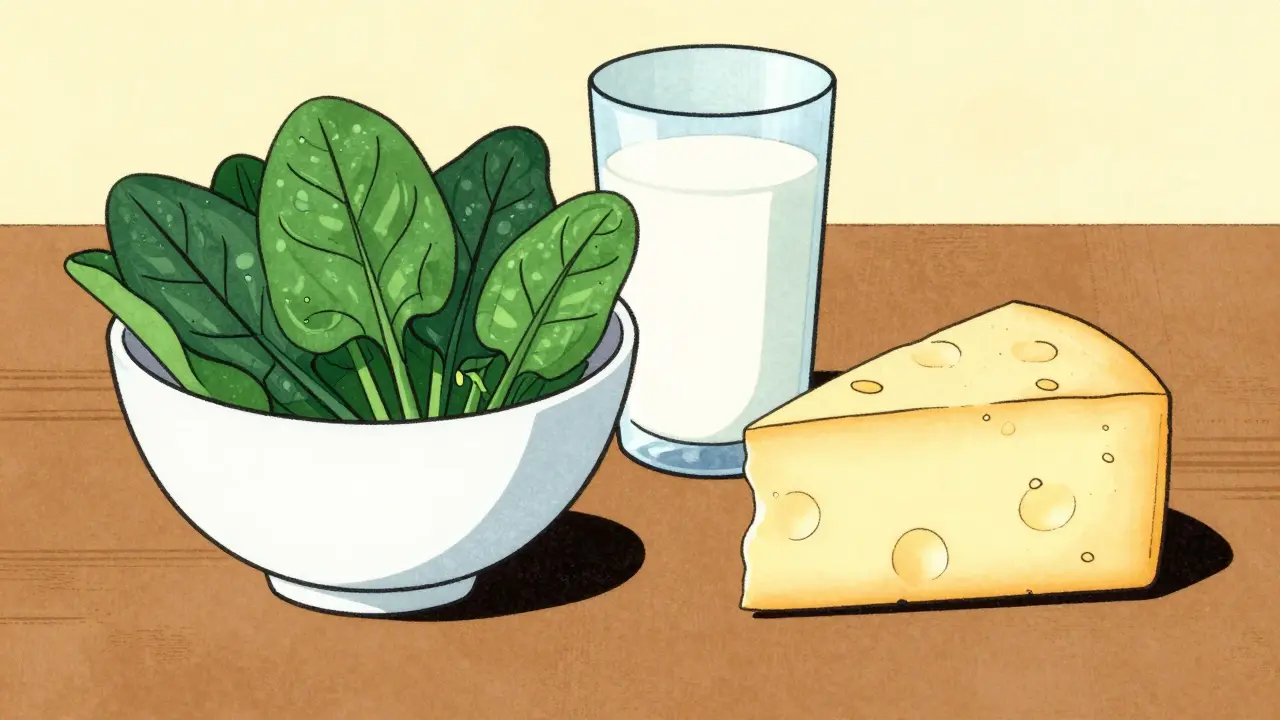 Bowl of spinach with milk and cheese on a table in ukiyo-e art.