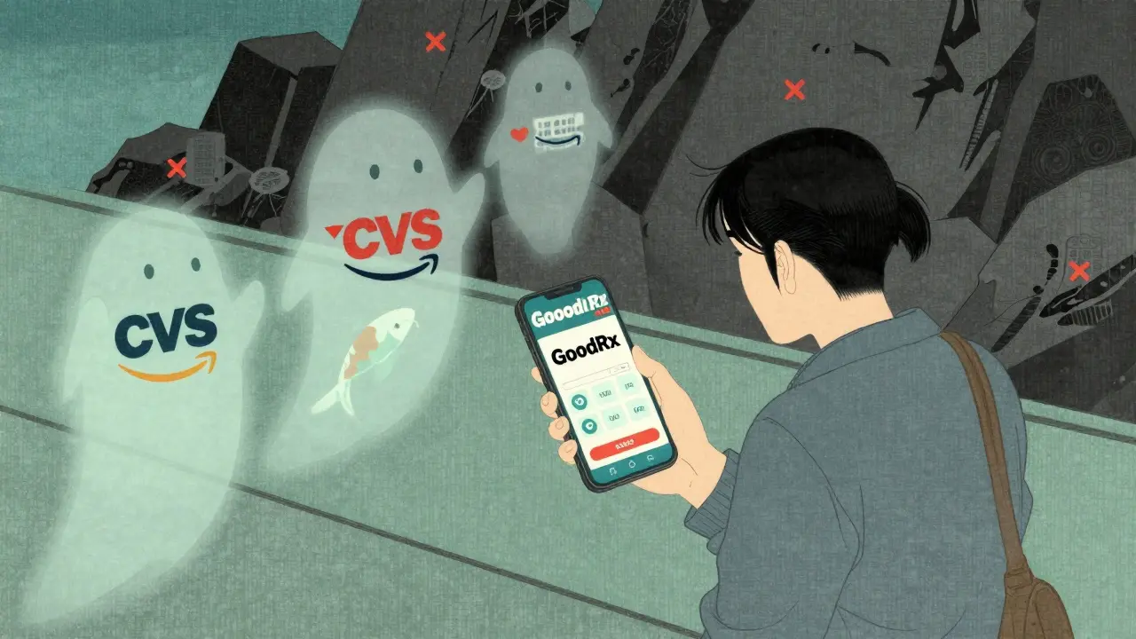 Character using phone coupons near safe pharmacies avoiding scams