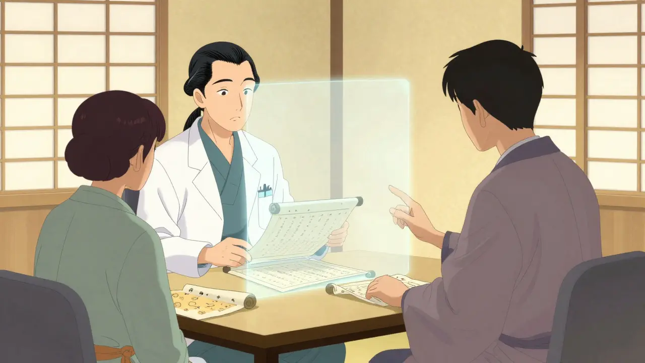 Doctor and patient telehealth consultation in ukiyo-e art style
