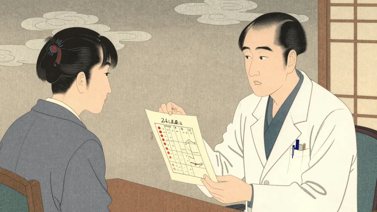 Doctor showing test results to patient in ukiyo-e illustration style.
