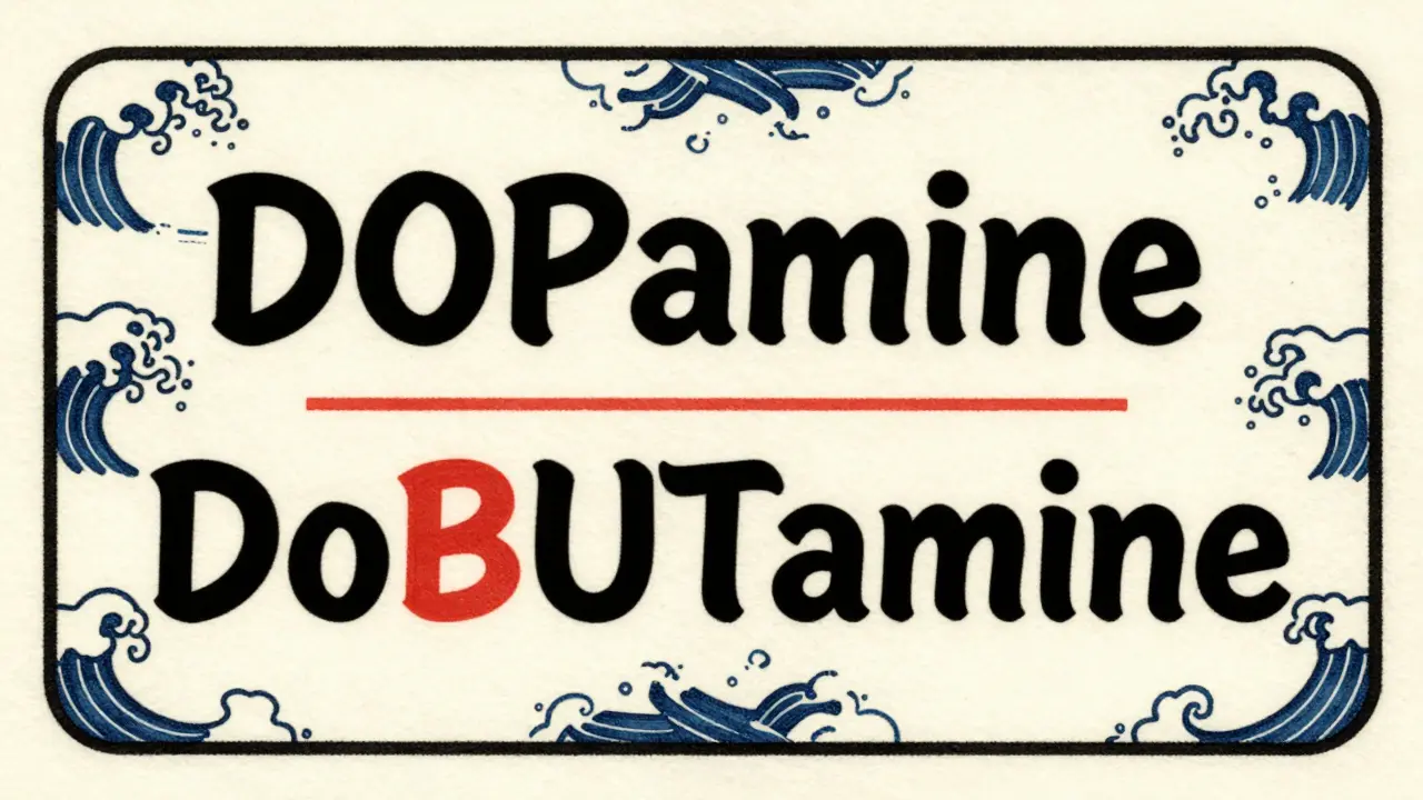 Drug names displayed with tall man lettering to highlight spelling differences.