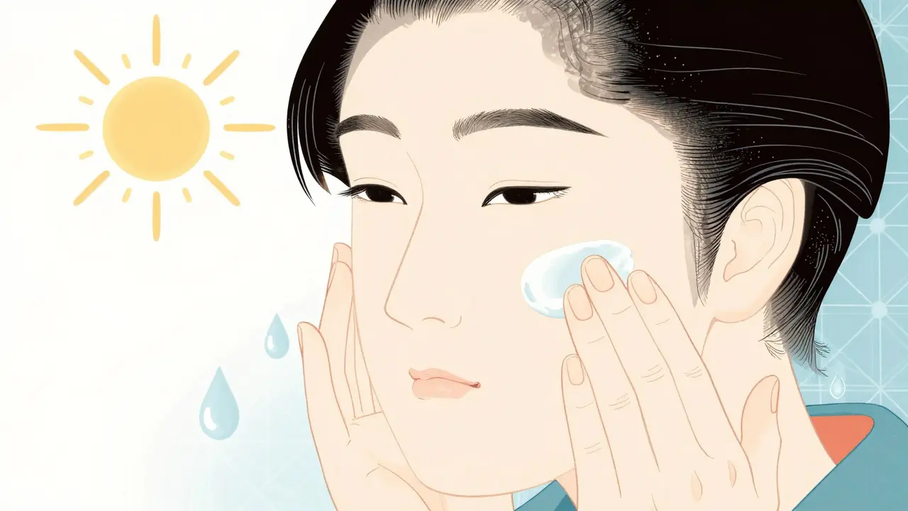 Hands applying cream to face with sun and water icons
