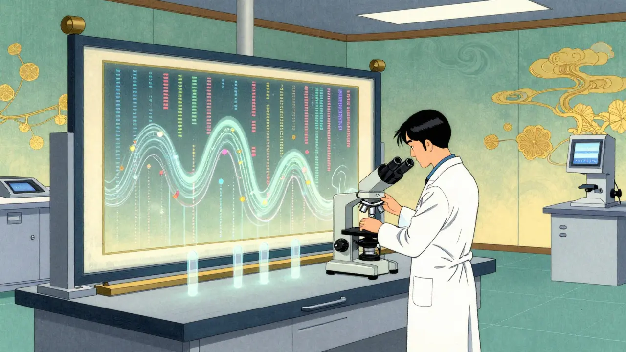 Illustration of a scientist analyzing DNA data with AI tools in an ukiyo-e inspired lab.