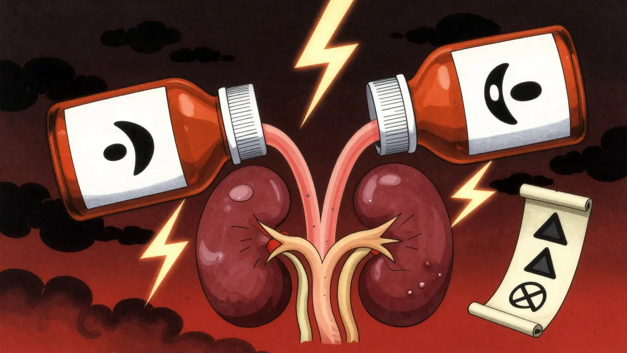 Illustration of kidneys under stress from combining two blood pressure medications.