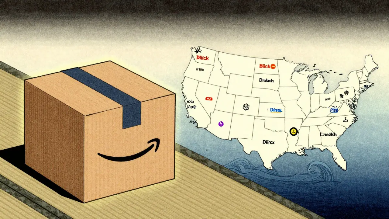 Illustration showing online pharmacy delivery boxes and a map of US service areas.
