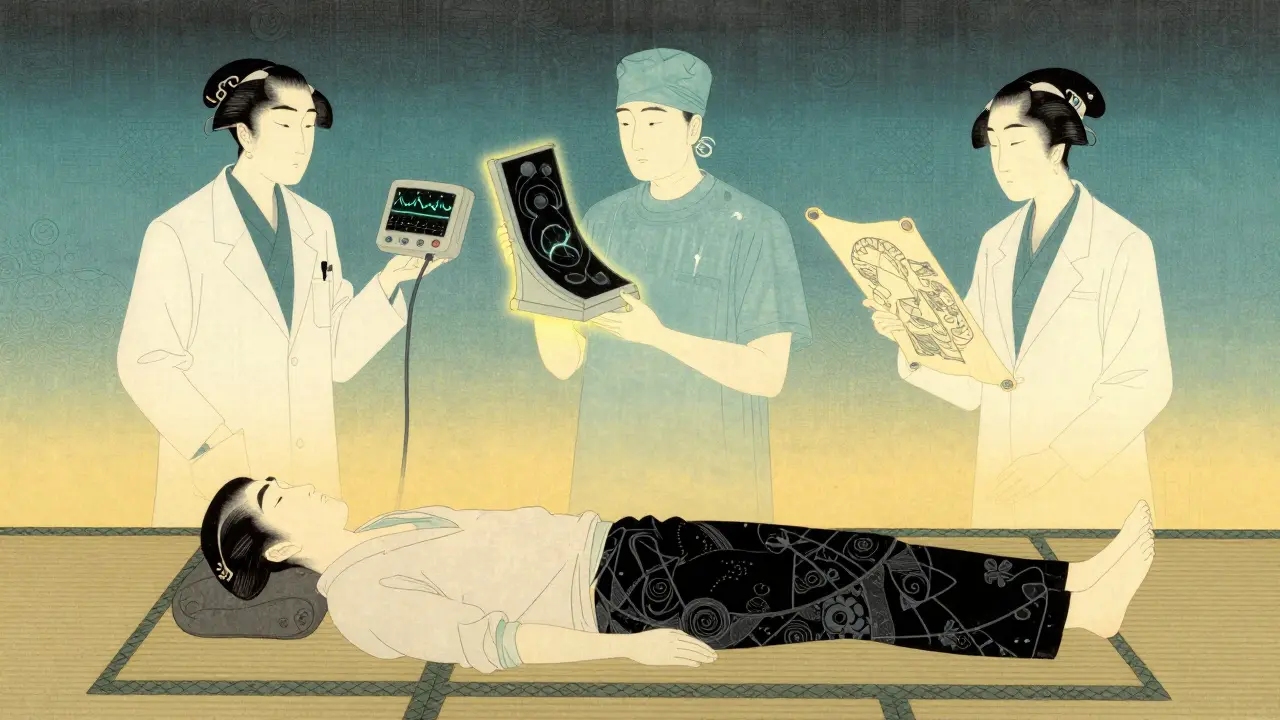 Medical team evaluating patient with stylized diagnostic tools in ukiyo-e style.