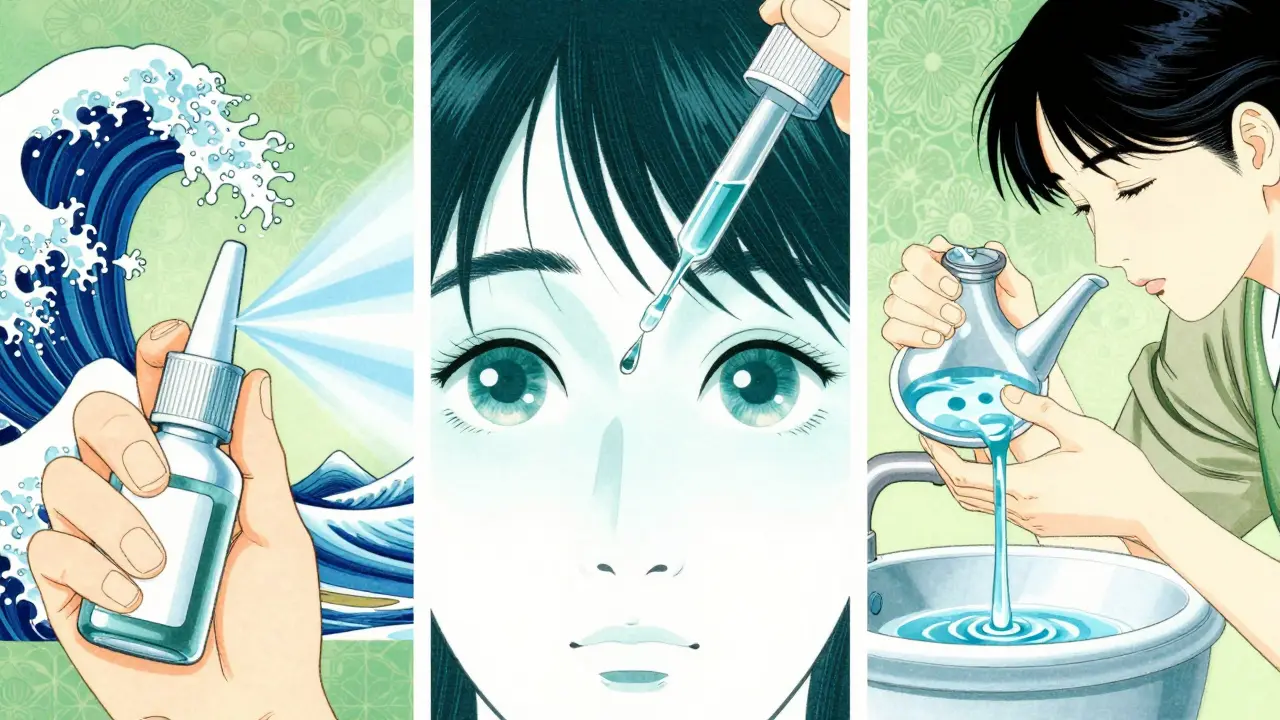 Nasal sprays, eye drops, and saline irrigation providing allergy relief