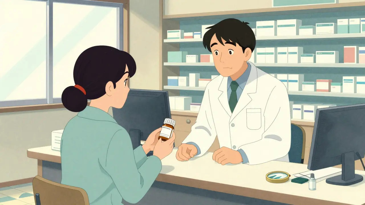 Patient discussing medication error with pharmacist