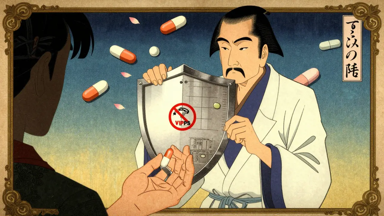 Pharmacist holding shield protecting patients from fake drugs