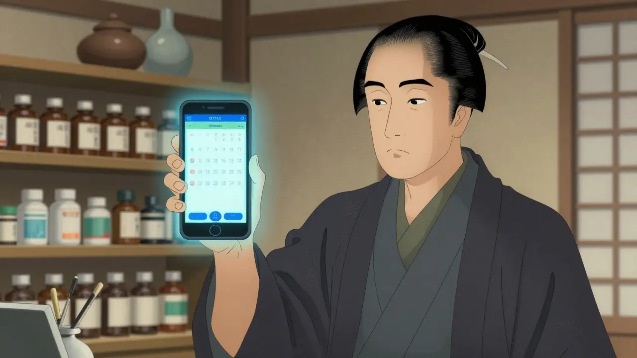 Pharmacist in traditional robes using a smartphone app to schedule medication doses.