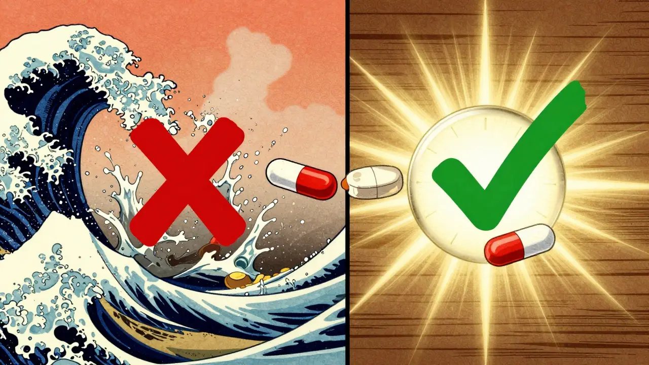 Split image showing bad vs good timing for taking antibiotics and antacids separately.