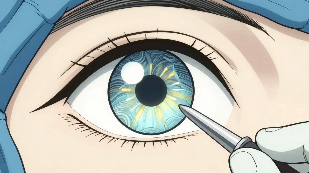 Stylized illustration of an artificial lens being implanted in an eye.