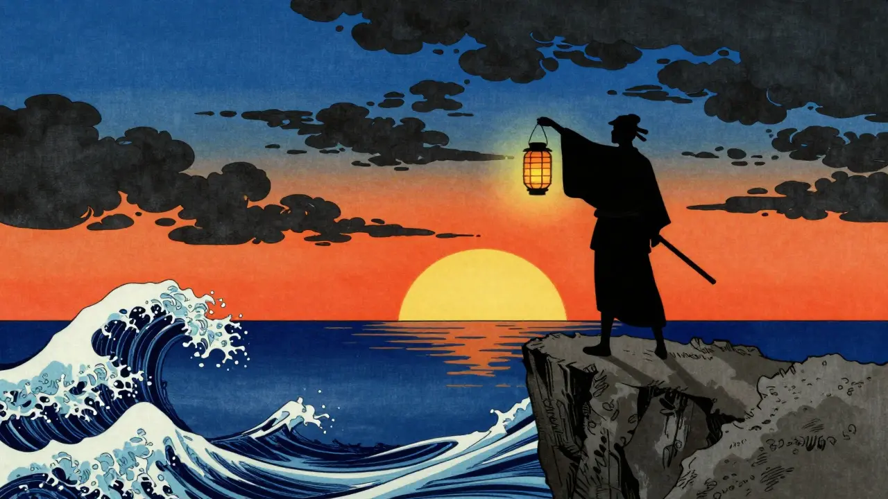 Triumphant figure at sunrise, leaving storm clouds behind, symbolizing recovery.