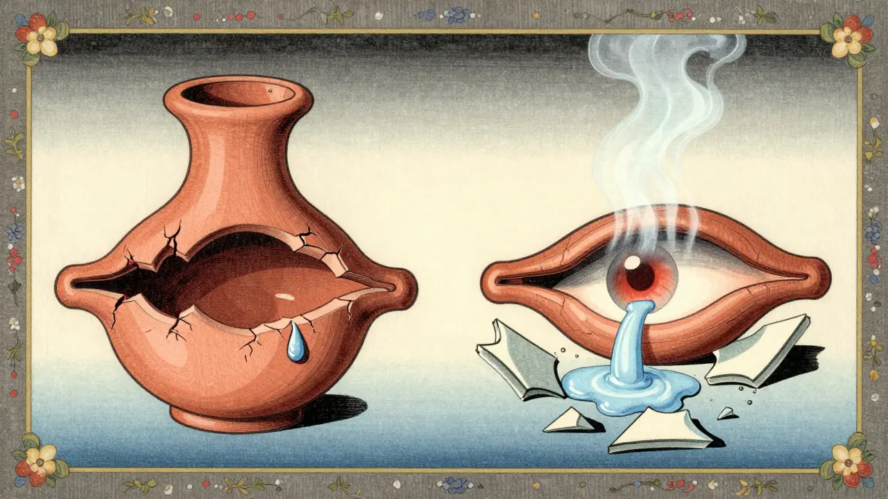 Ukiyo-e art comparing empty glands and broken oil barriers causing dry eye.