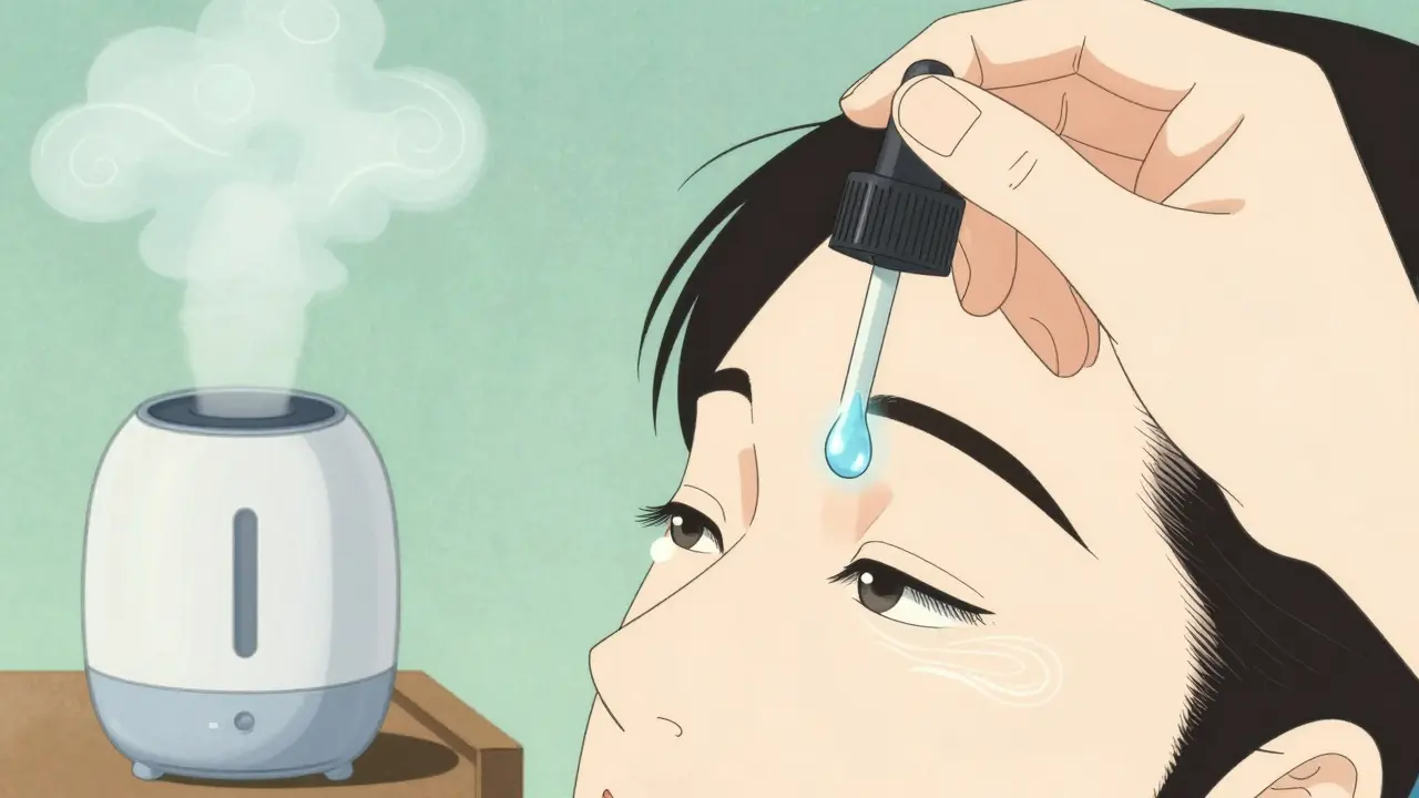 Ukiyo-e style illustration of applying soothing artificial tears to a calm eye.