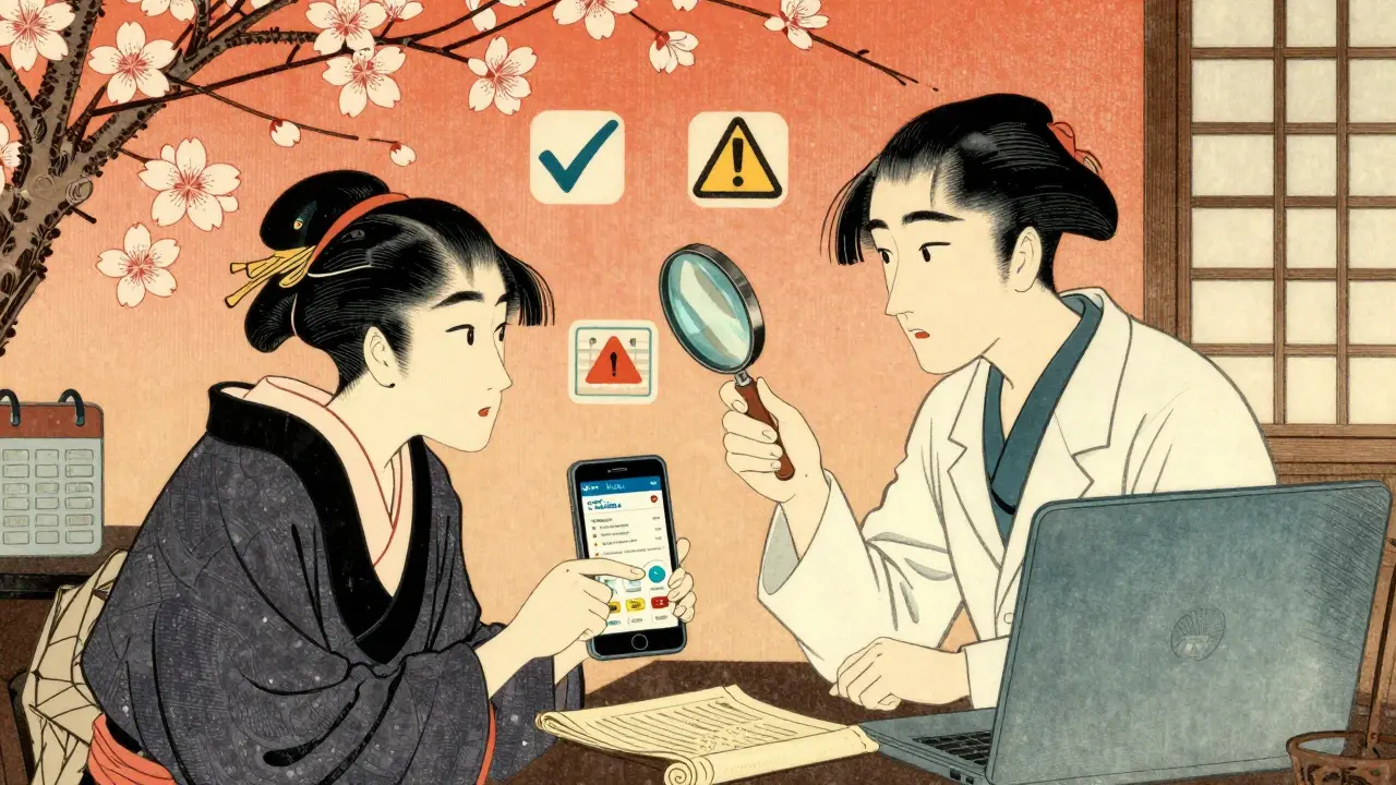 Athlete and doctor checking medication via app in ukiyo-e art