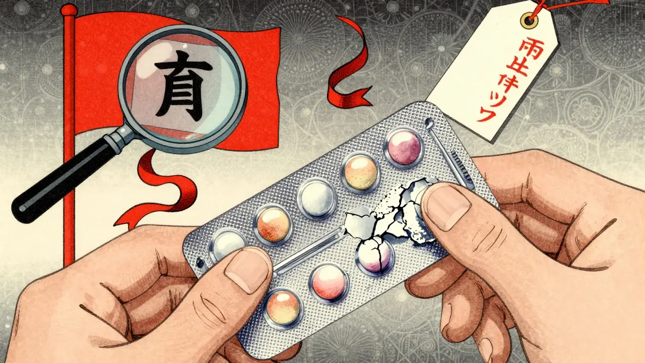 Close-up of fake pills and packaging flaws in woodblock art style