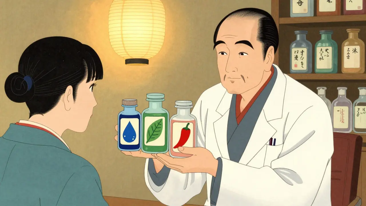 Doctor presenting stylized medicine bottles and patches for nerve pain relief in woodblock style.