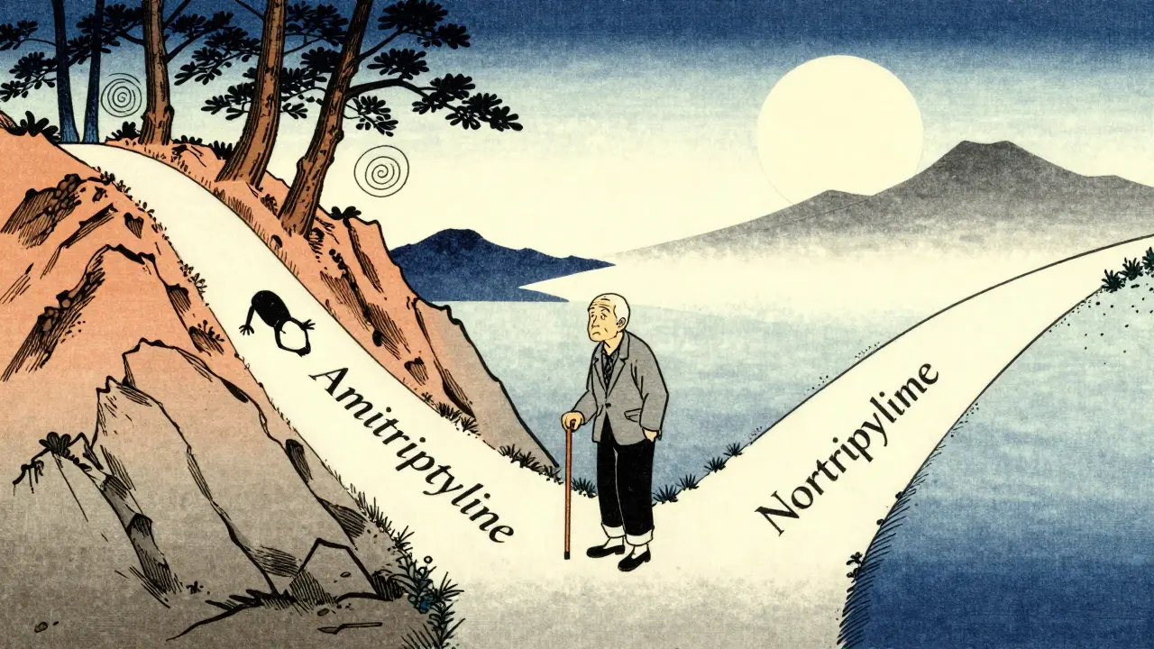 Elderly person choosing between two paths representing different drugs