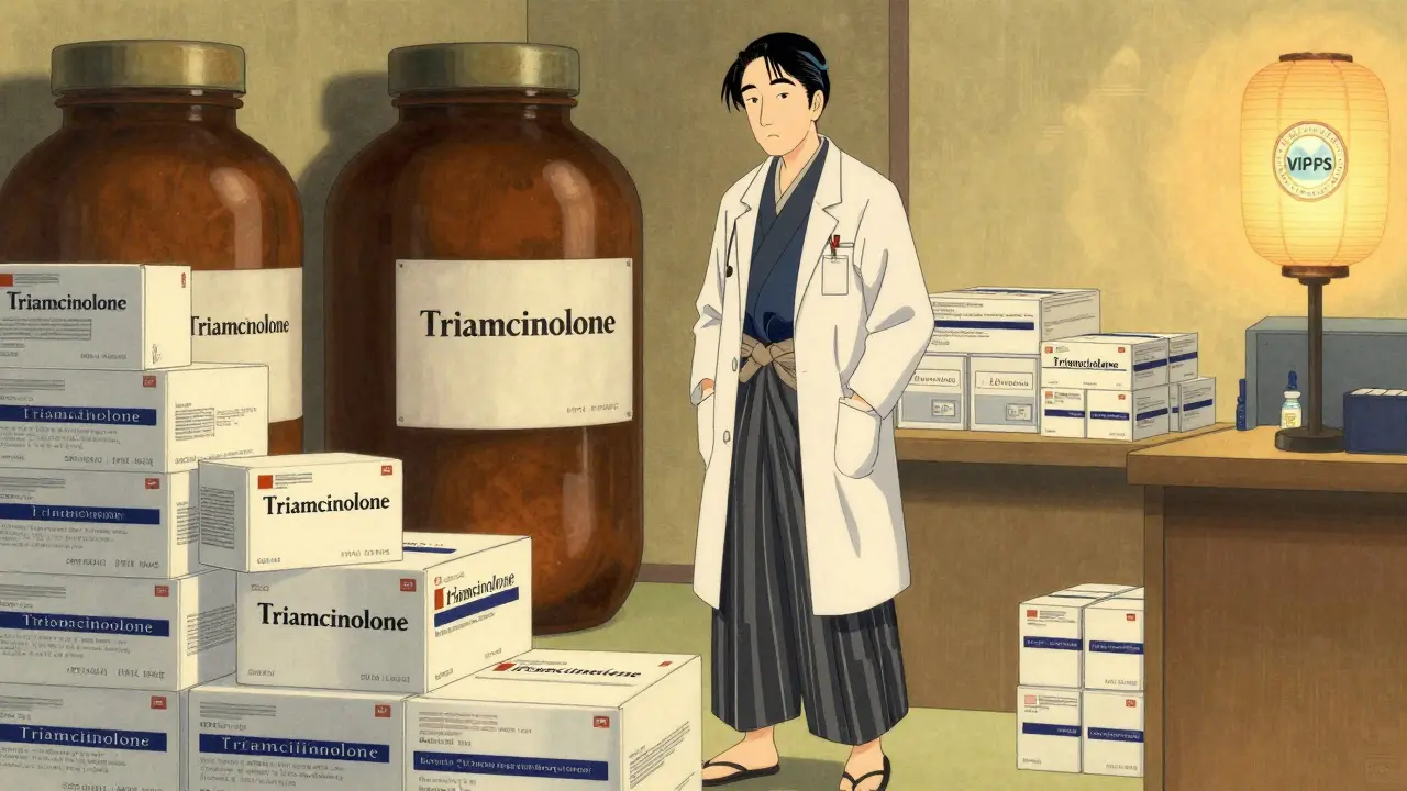 Healthcare professional managing bulk medical supplies in ukiyo-e style